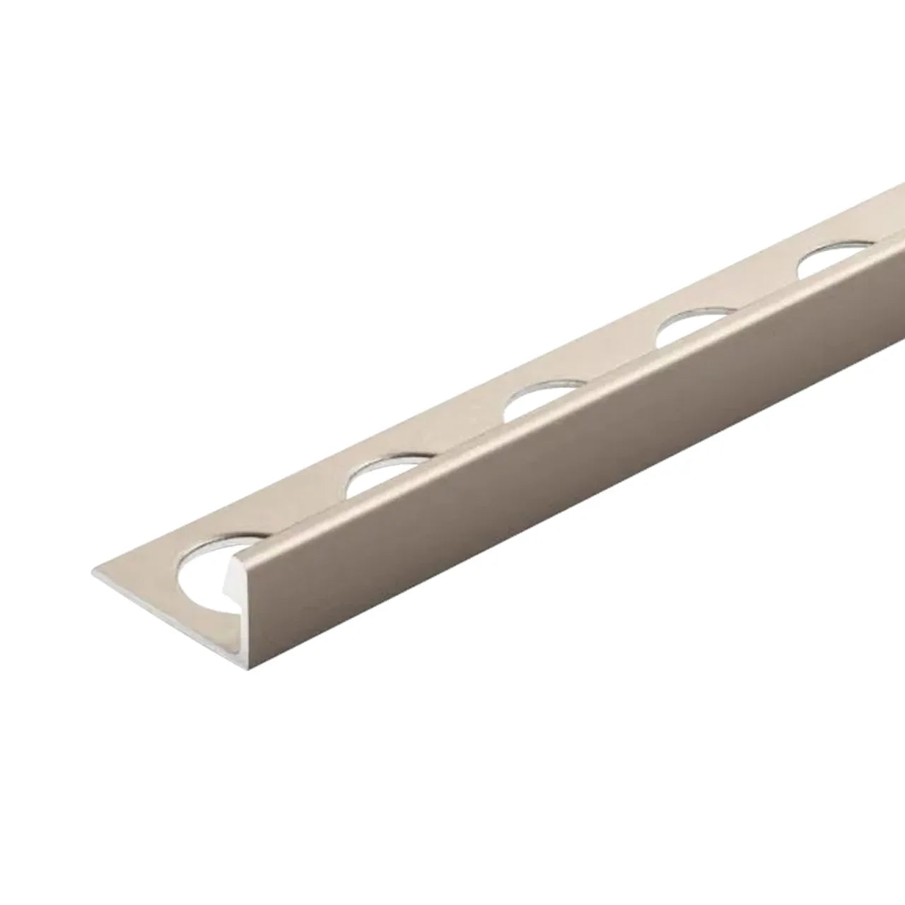 The Go Build 1/2 in. x 98-1/2 in. Aluminum L-Shaped Metal Edging Trim in Satin Nickel features a right-angle profile with circular cutouts, ideal for floor transitions or tile trim, shown on a white background.